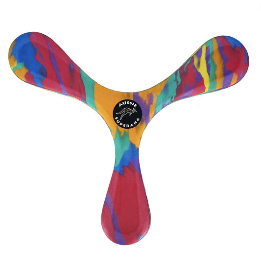 Colorful boomerang with 'Aussie Superang' branding on a white background